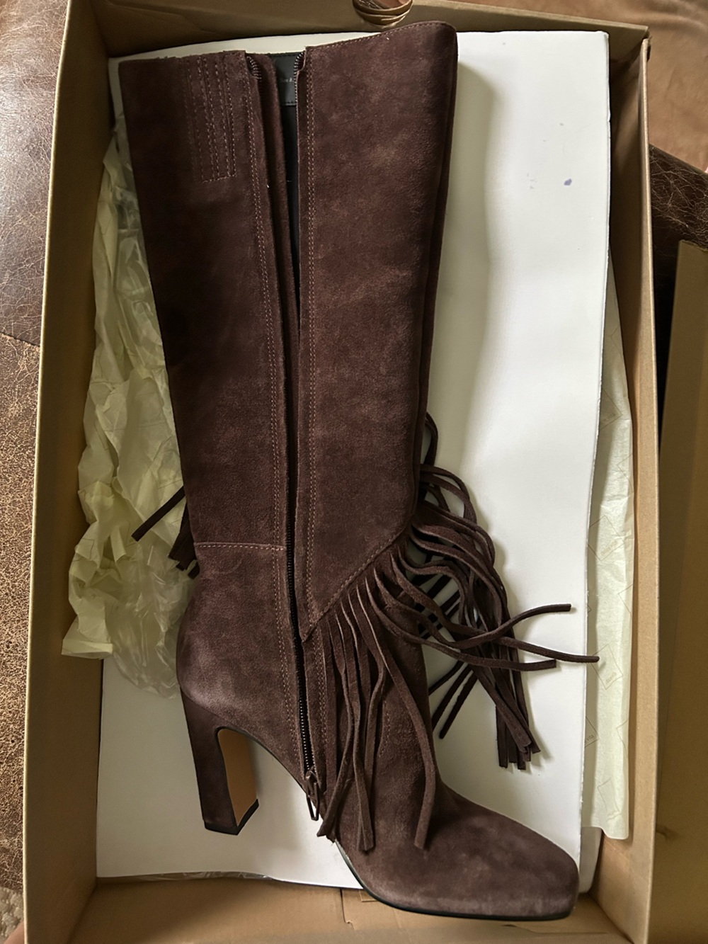 Anthropologie Dolce Vita Giano Suede Fringe Boots Knee High Block Heel Western - Picture 6 of 11